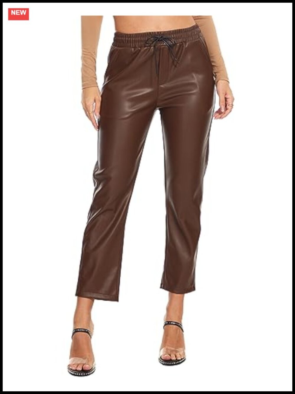 Faux Leather High Waist Jogger Pants Straight Leg Trousers with Pockets